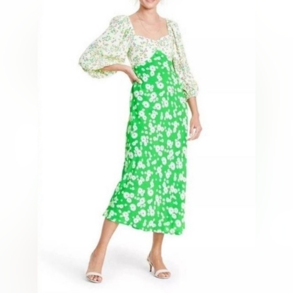 Women's RIXO Floral Print Midi Length 3/4 Sleeve Dress, Green & White, 0